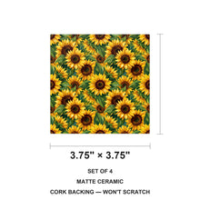 Sunflower Field ceramic coasters set of 4, size 3.75 inches