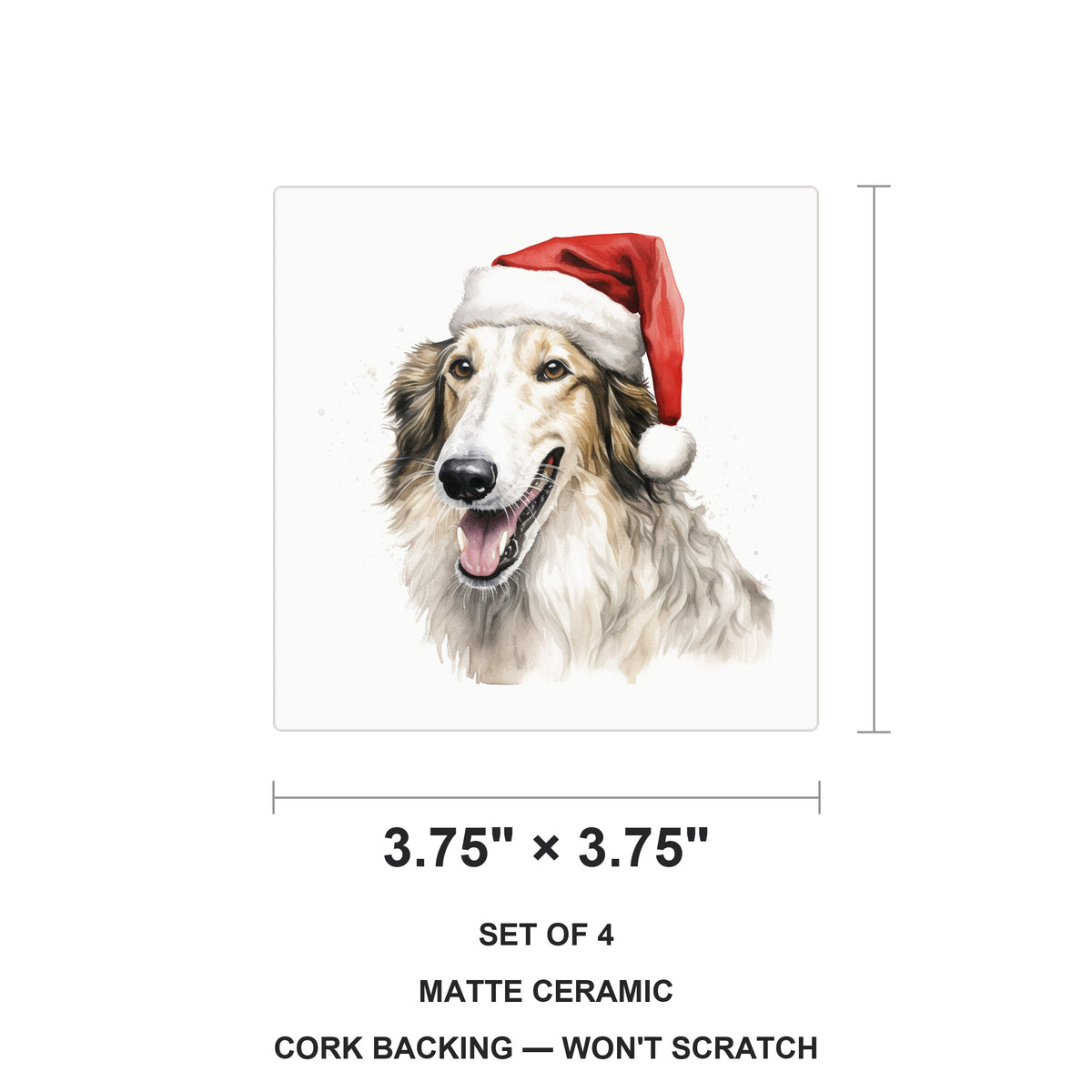 Borzoi Puppy Drawing ceramic coasters set of 4, size 3.75 inches