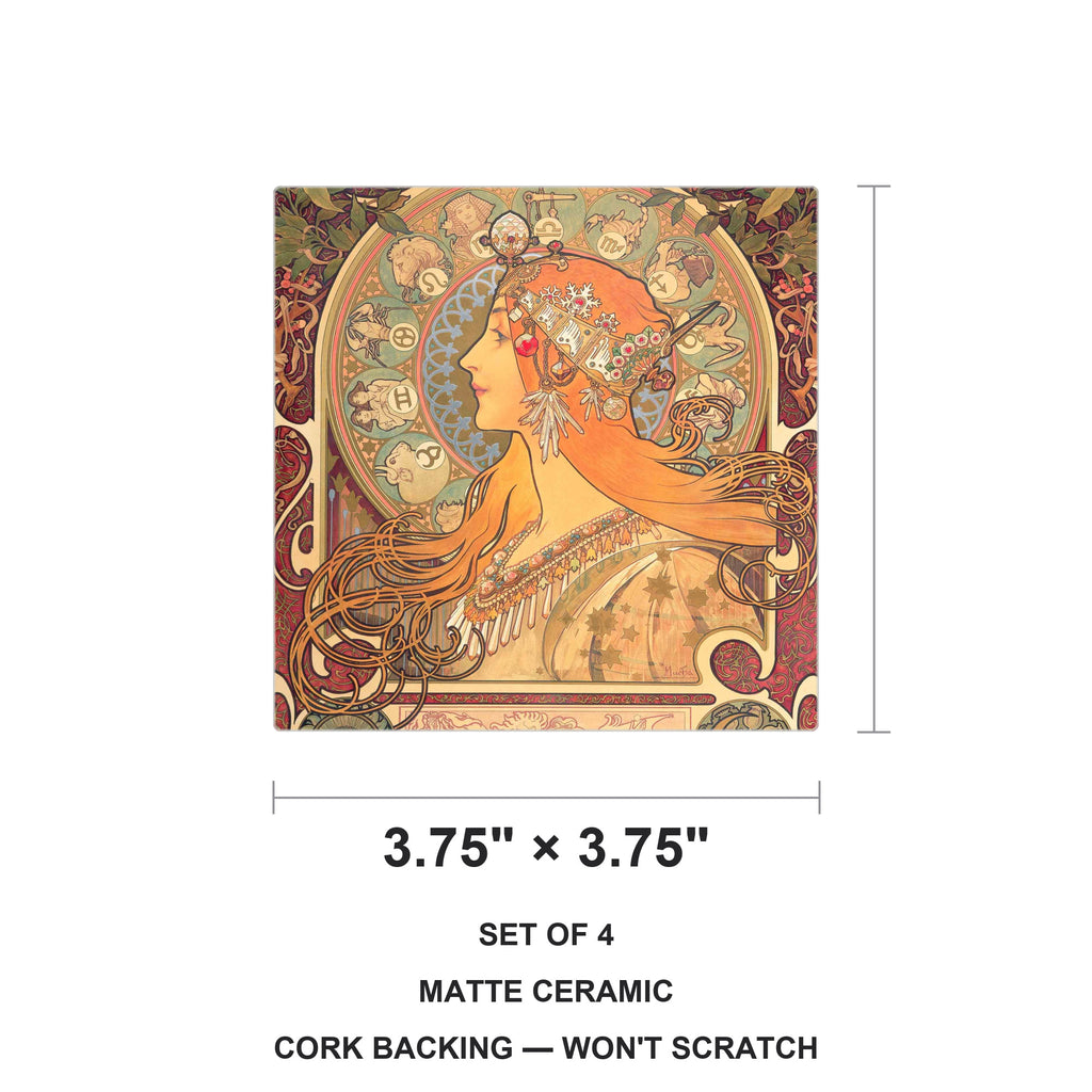 Mucha Art Nouveau ceramic coasters set of 4, size 3.75 inches