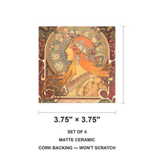 Mucha Art Nouveau ceramic coasters set of 4, size 3.75 inches
