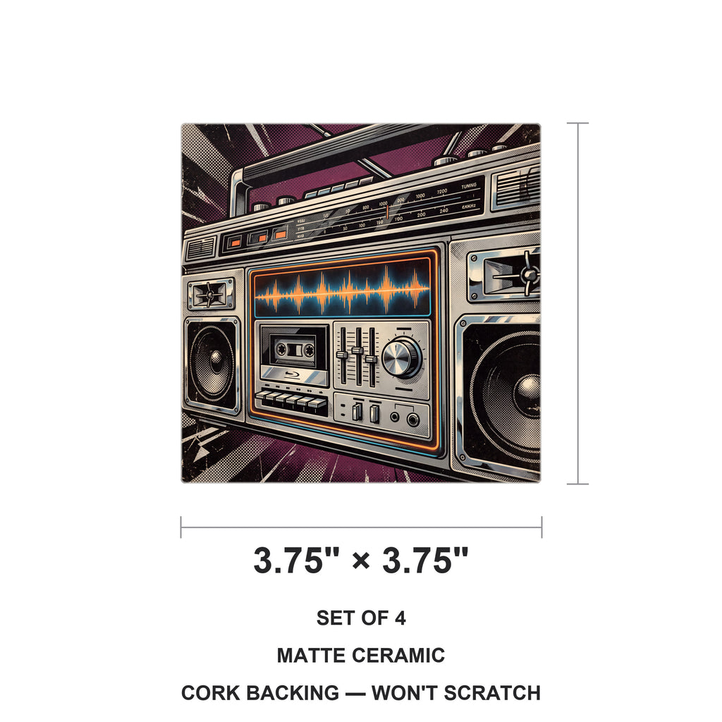 Boombox ceramic coasters set of 4, size 3.75 inches