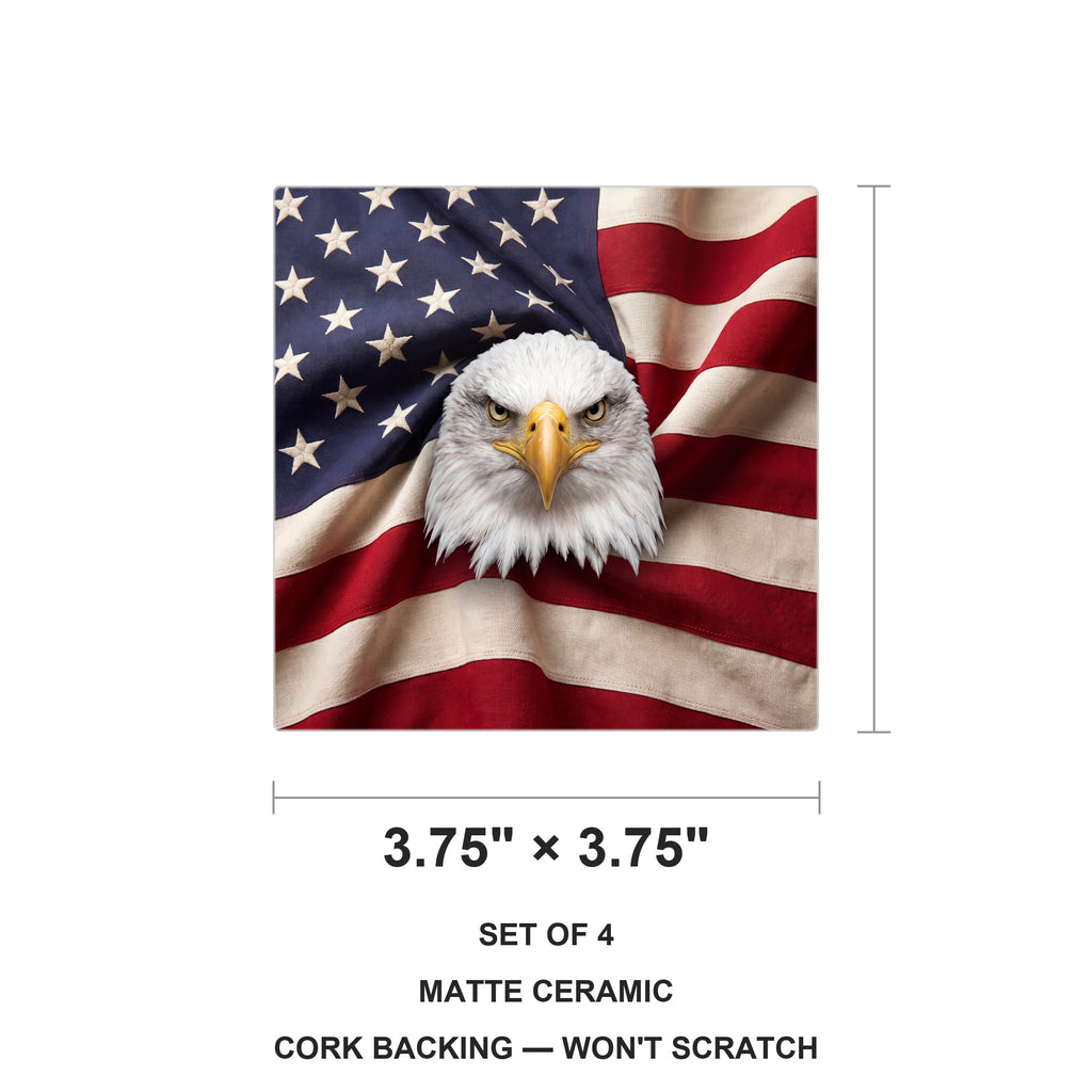 Patriotic Eagle & Flag ceramic coasters set of 4, size 3.75 inches