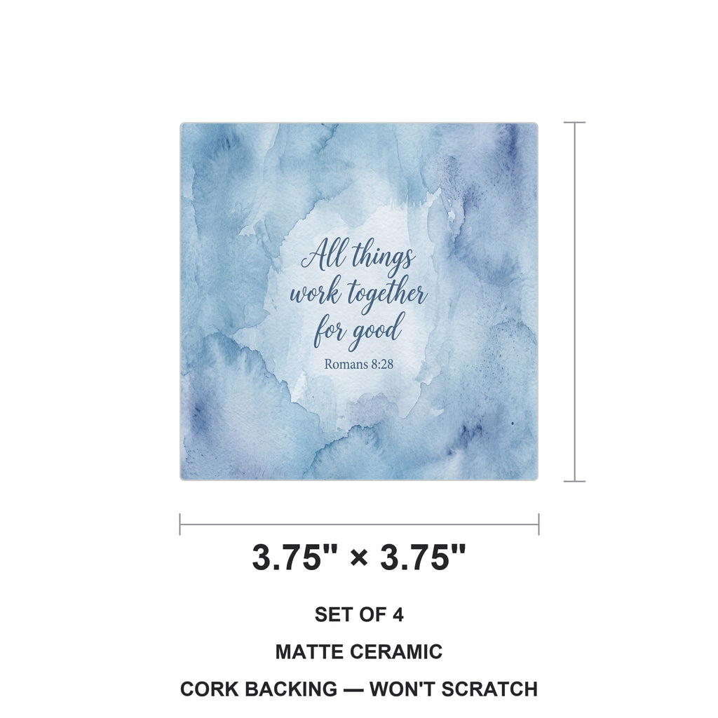 Romans 8:28 ceramic coasters set of 4, size 3.75 inches
