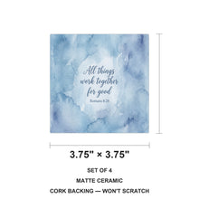 Romans 8:28 ceramic coasters set of 4, size 3.75 inches