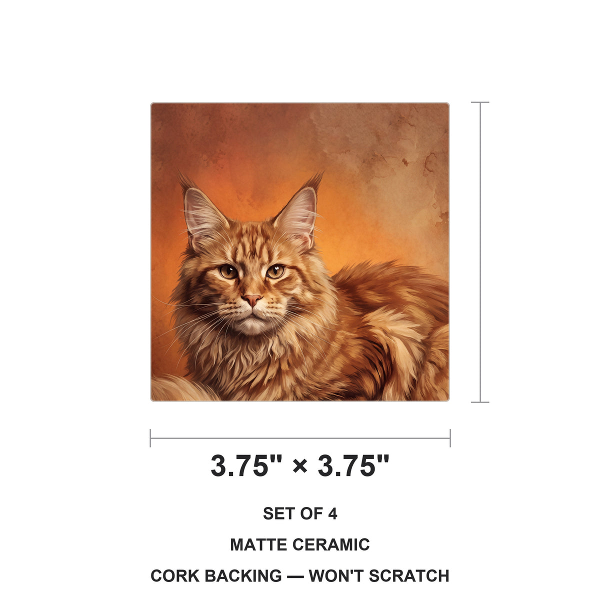 Maine Coon Cat Portrait ceramic coasters set of 4, size 3.75 inches