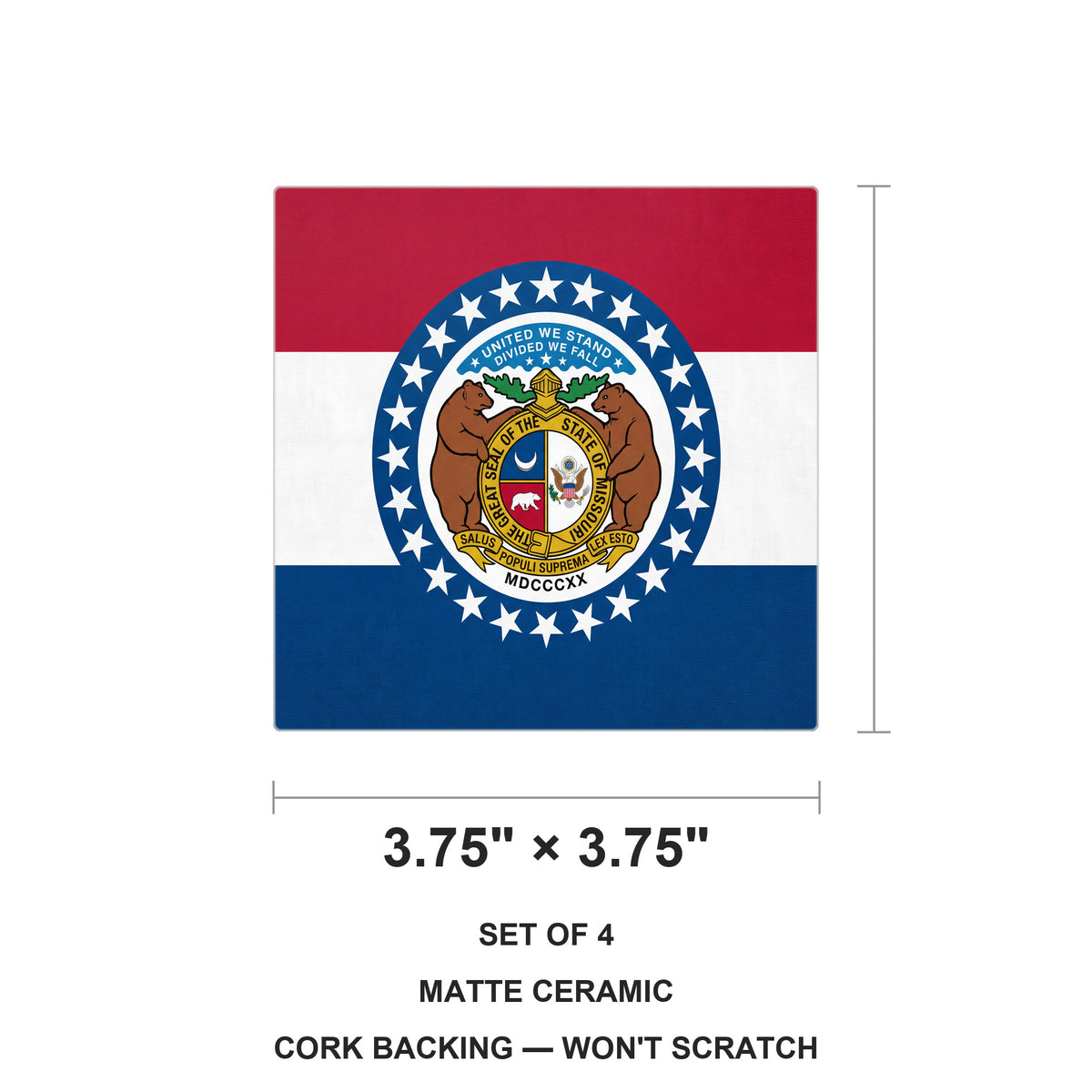 Missouri State Flag ceramic coasters set of 4, size 3.75 inches