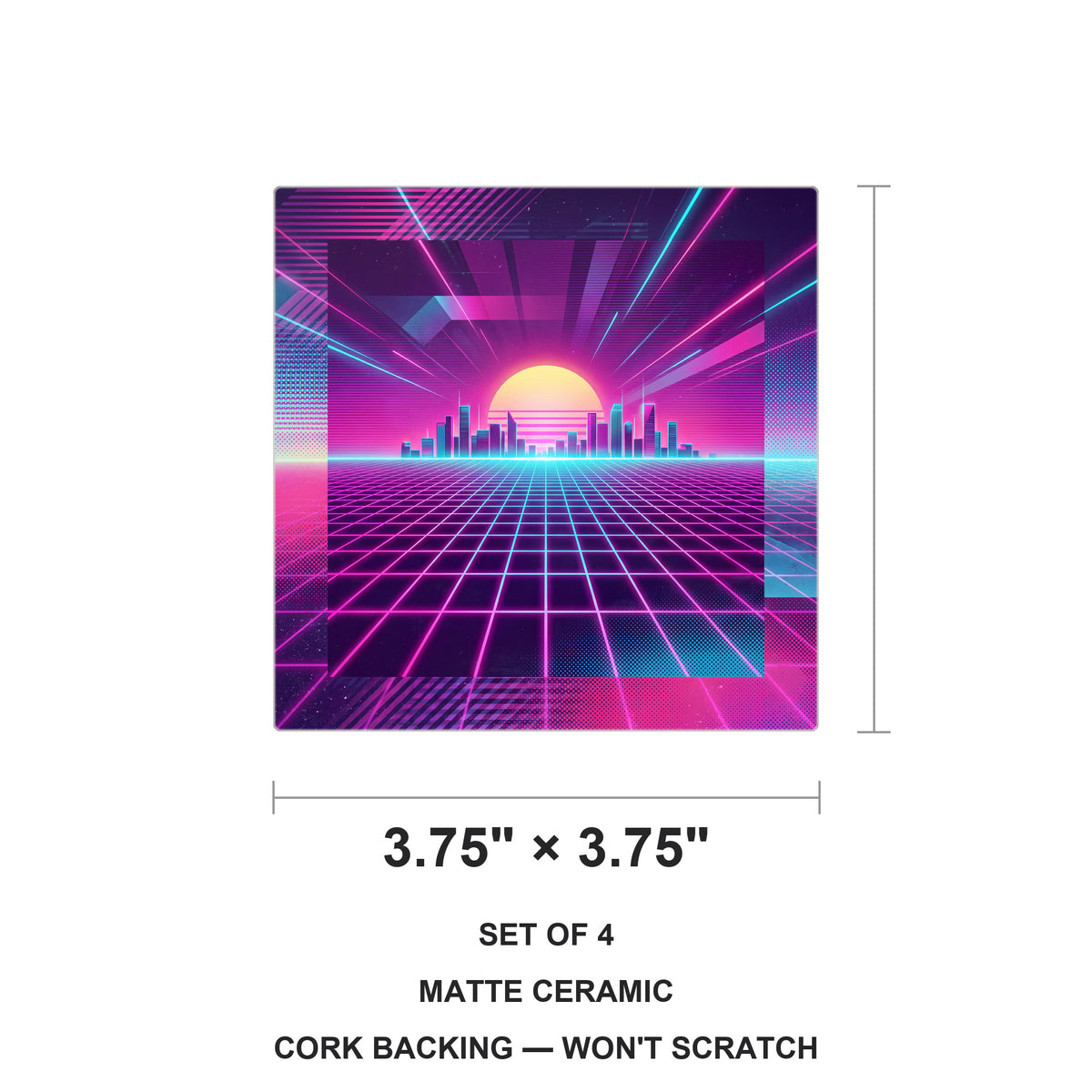 80s Neon Grid ceramic coasters set of 4, size 3.75 inches