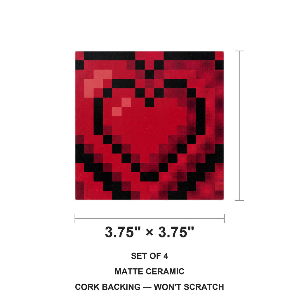 8-Bit Pixel Heart ceramic coasters set of 4, size 3.75 inches