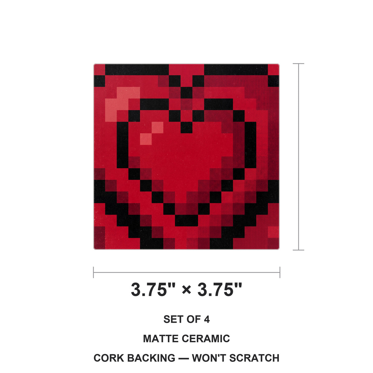 8-Bit Pixel Heart ceramic coasters set of 4, size 3.75 inches