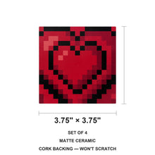 8-Bit Pixel Heart ceramic coasters set of 4, size 3.75 inches