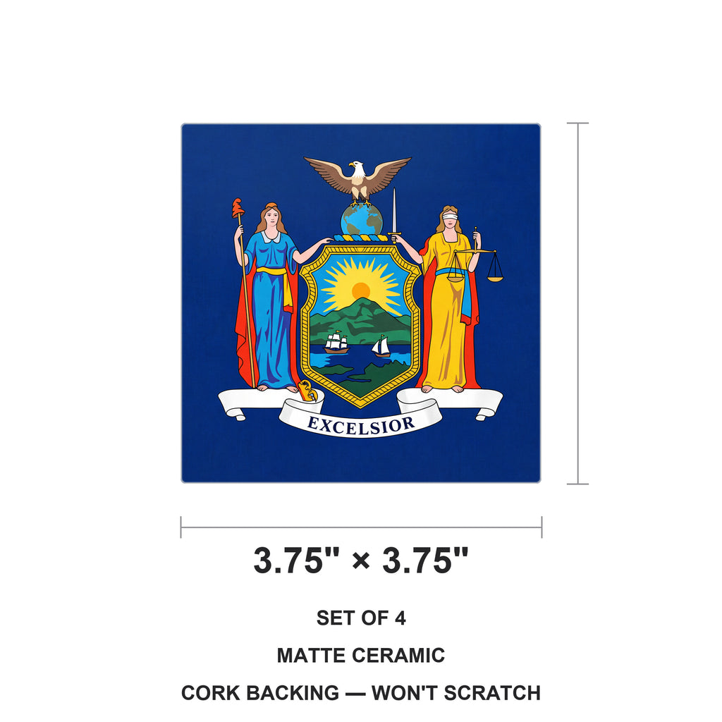 New York State Flag ceramic coasters set of 4, size 3.75 inches