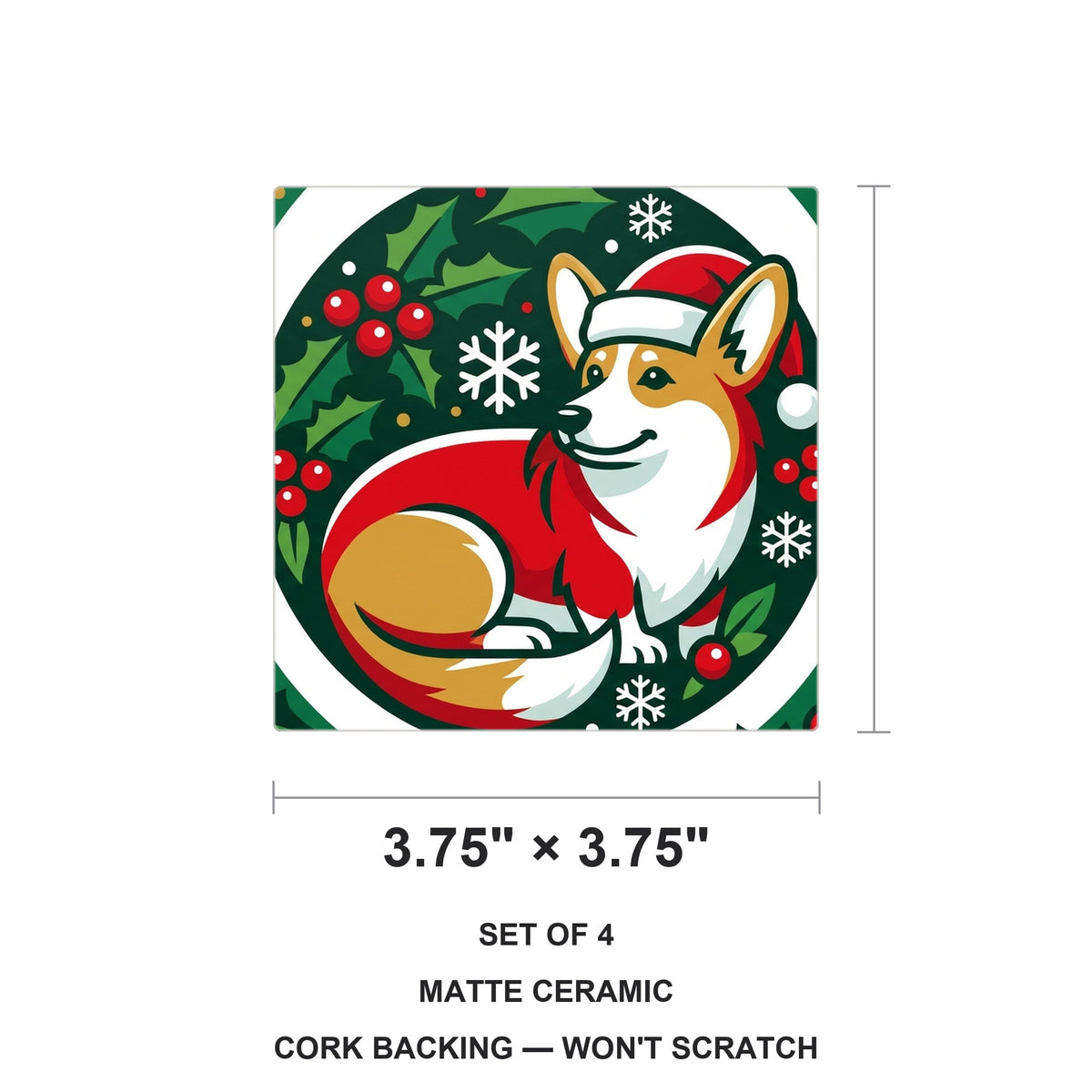 Corgi Christmas Ornament Art ceramic coasters set of 4, size 3.75 inches