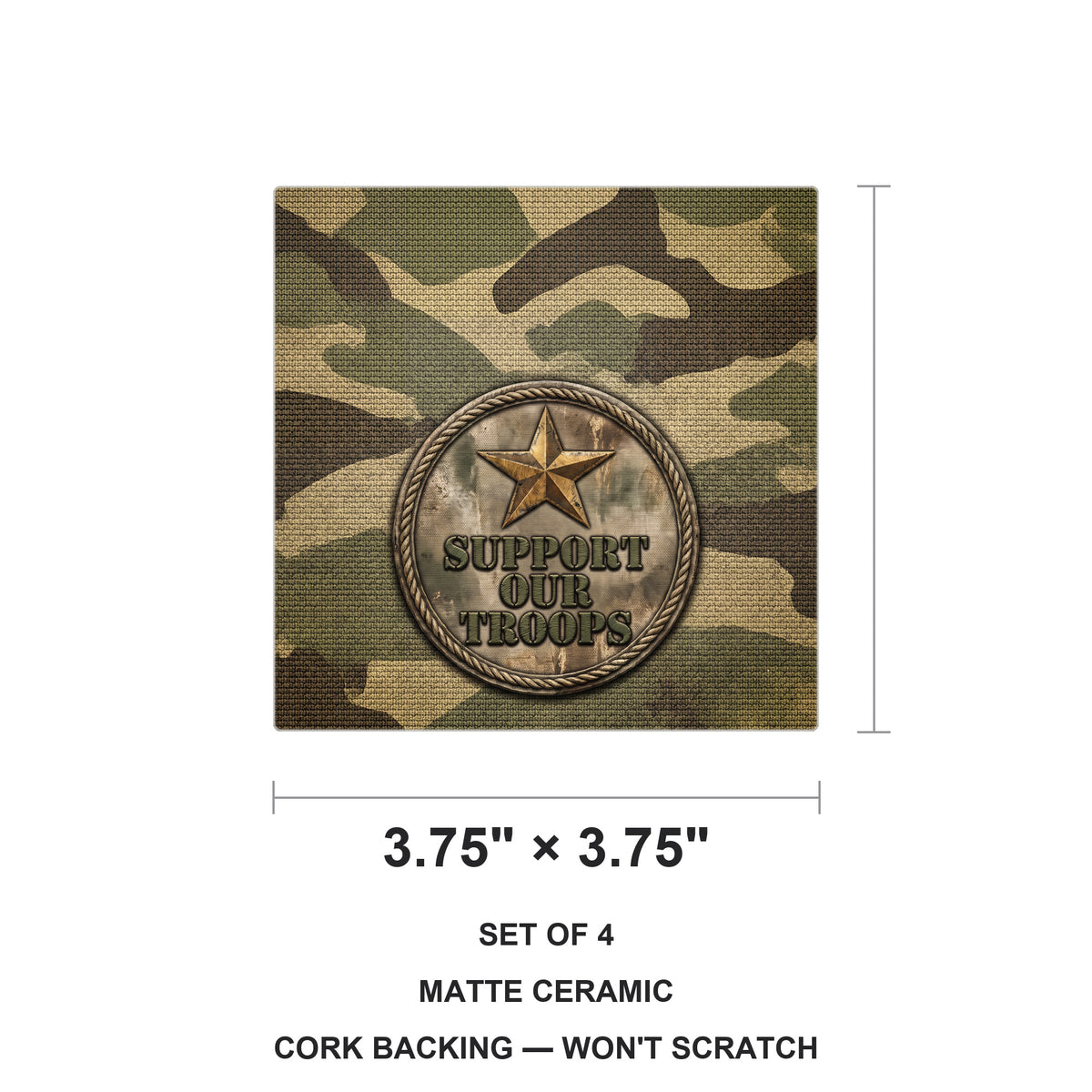 Military Camo Support ceramic coasters set of 4, size 3.75 inches