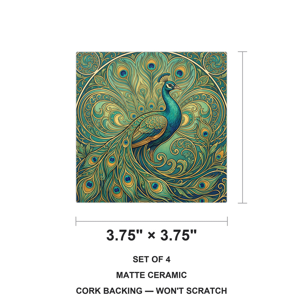 Art Nouveau Peacock ceramic coasters set of 4, size 3.75 inches