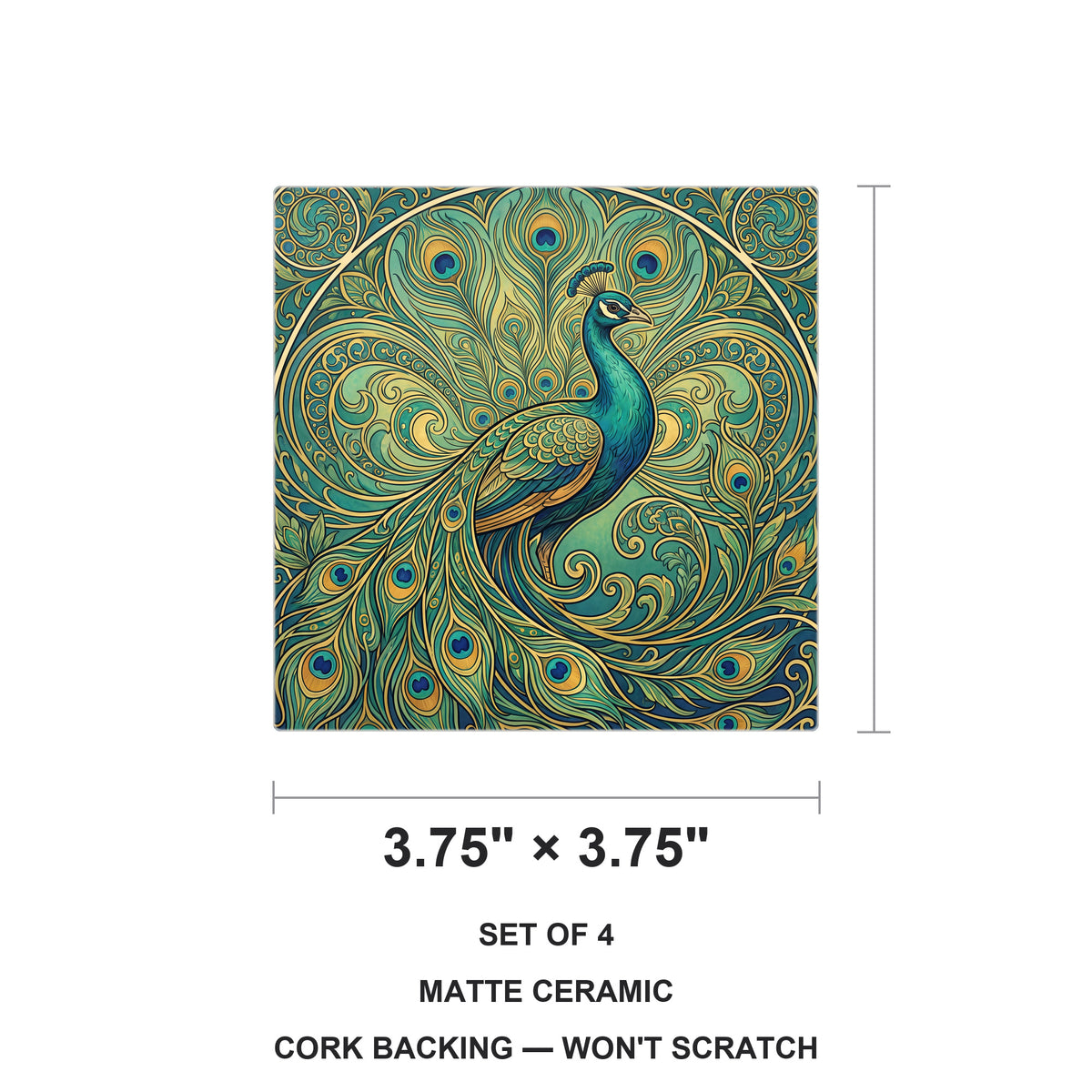Art Nouveau Peacock ceramic coasters set of 4, size 3.75 inches