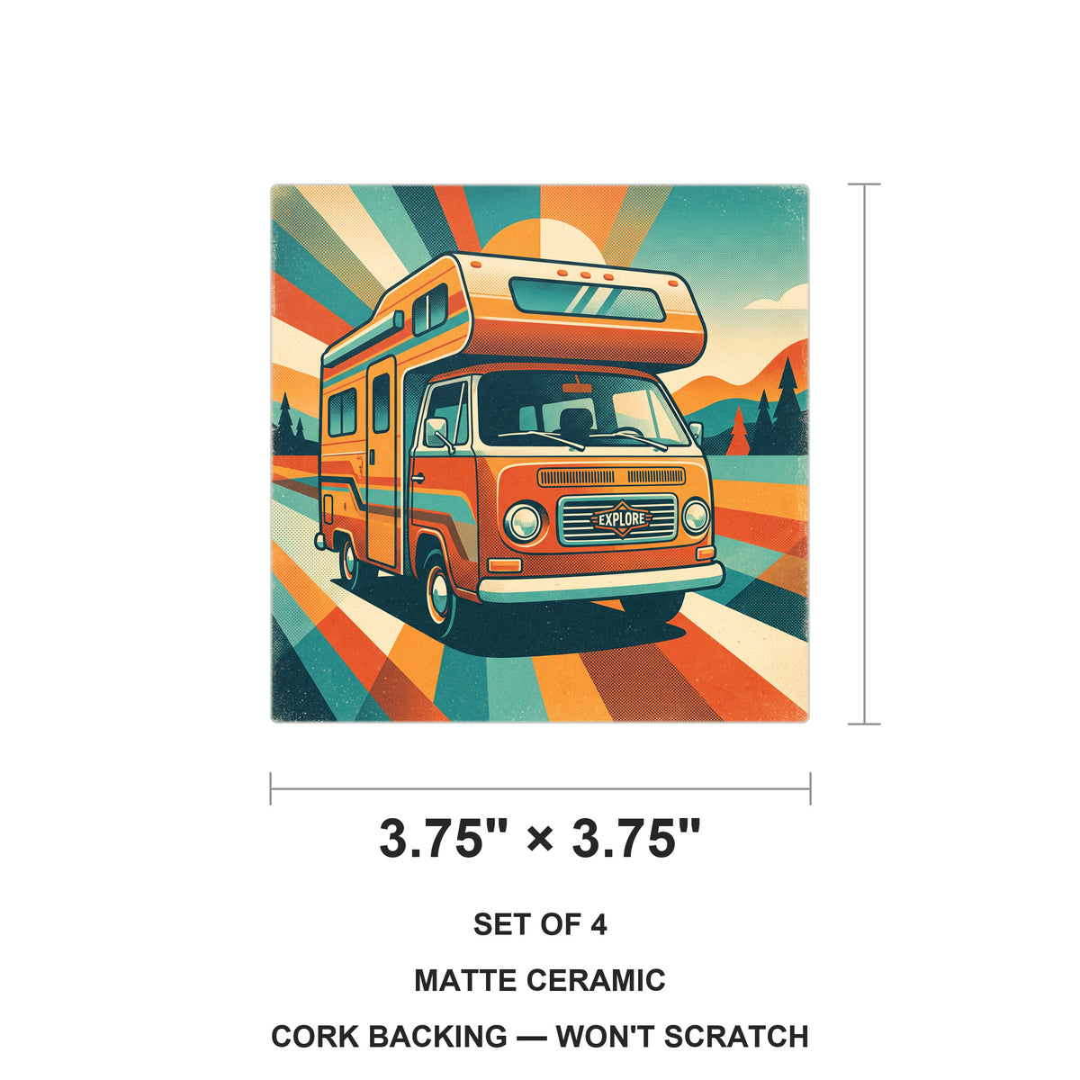 Retro Camper Van ceramic coasters set of 4, size 3.75 inches