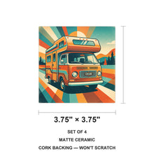 Retro Camper Van ceramic coasters set of 4, size 3.75 inches