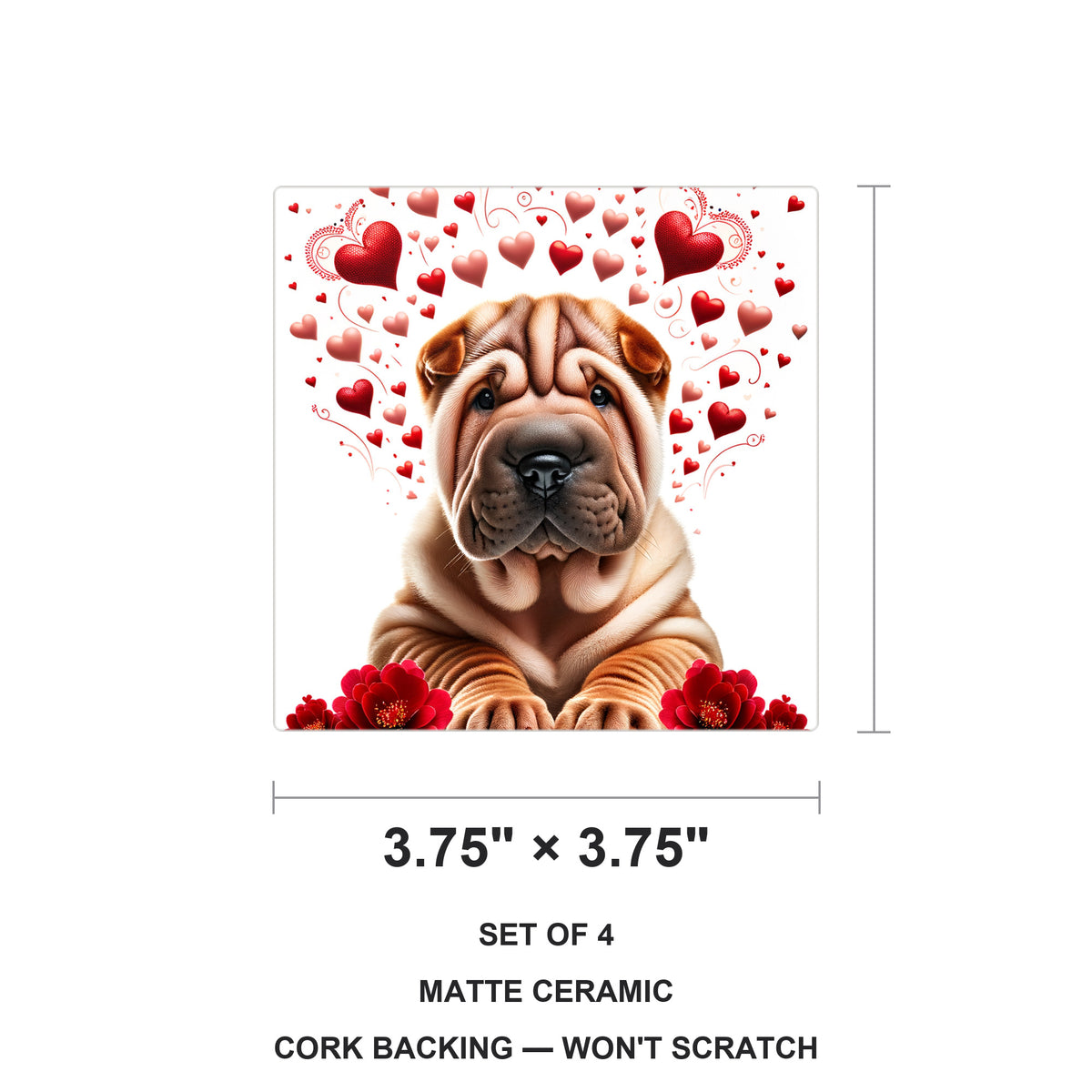 Chinese Shar-Pei ceramic coasters set of 4, size 3.75 inches