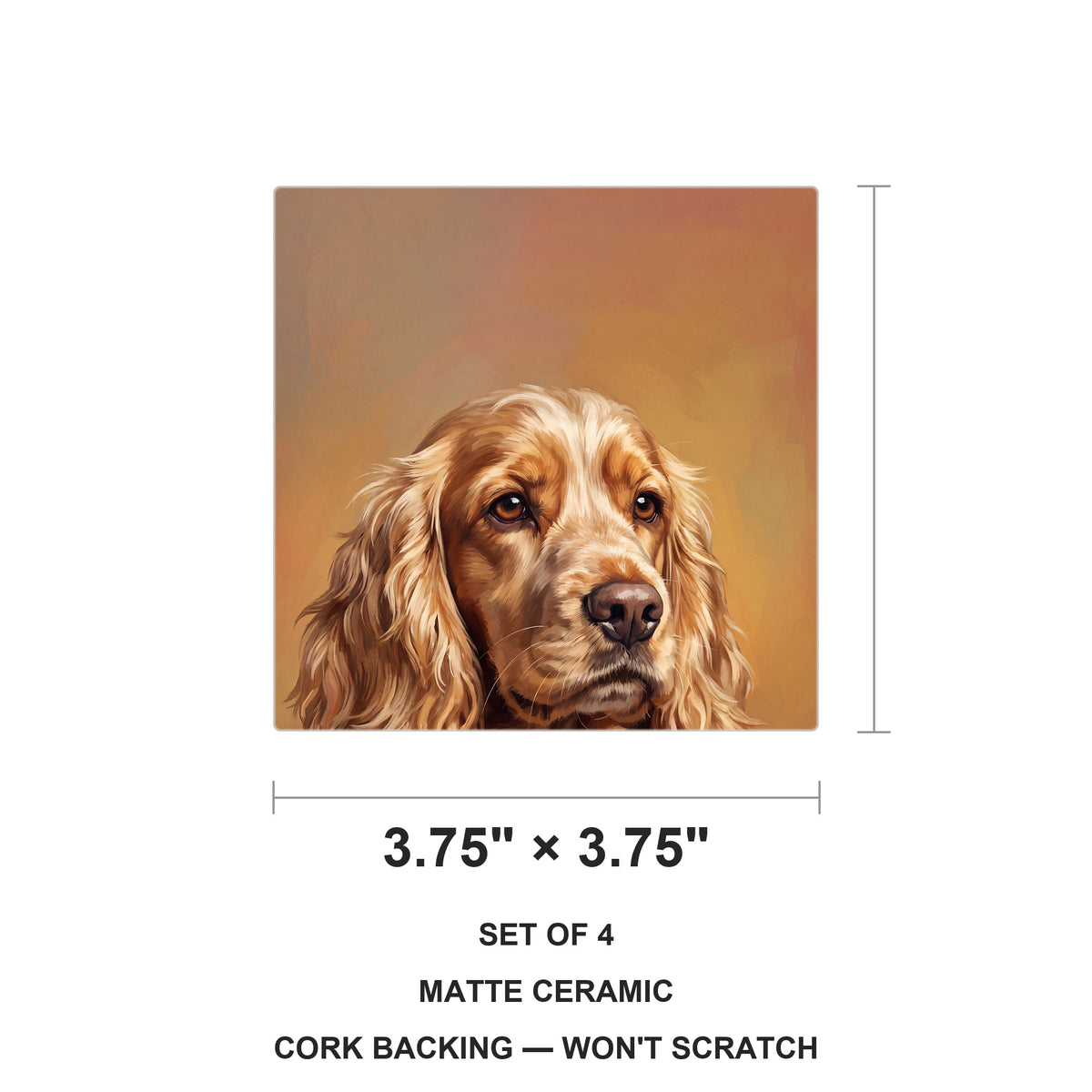 Cocker Spaniel Portrait ceramic coasters set of 4, size 3.75 inches
