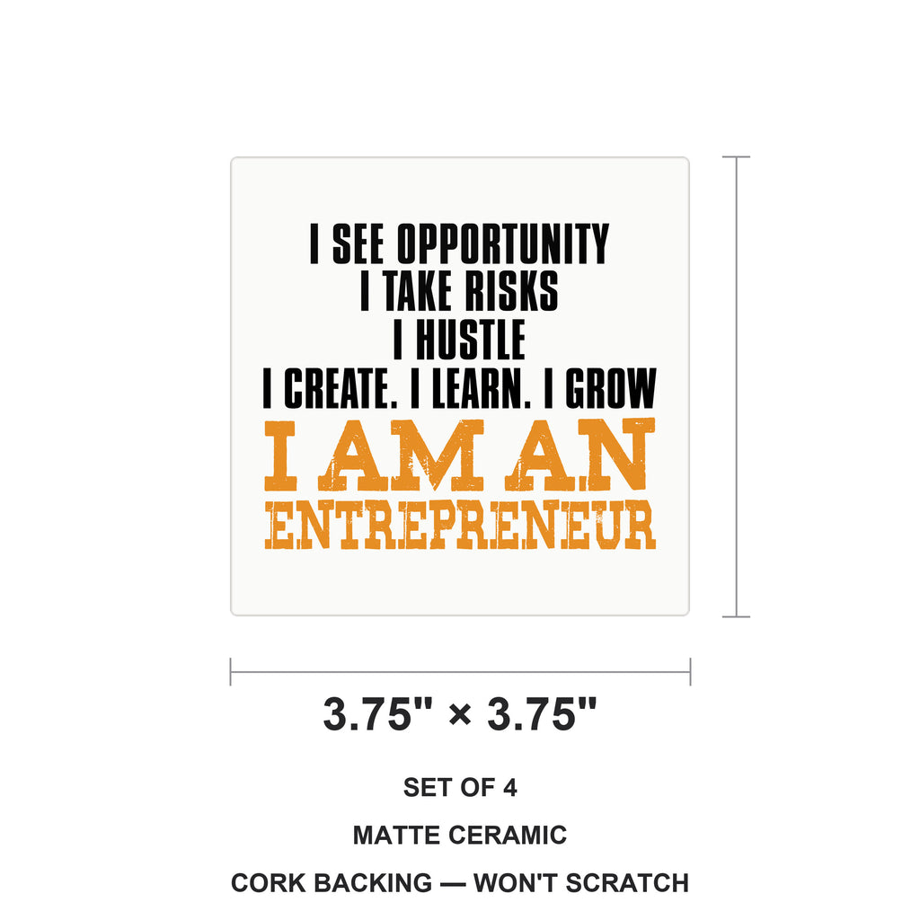 Entrepreneur Opportunity Risks Hustle ceramic coasters set of 4, size 3.75 inches