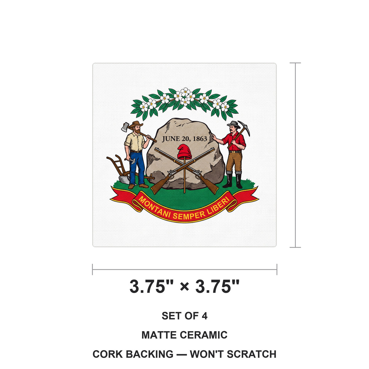 West Virginia State Flag ceramic coasters set of 4, size 3.75 inches