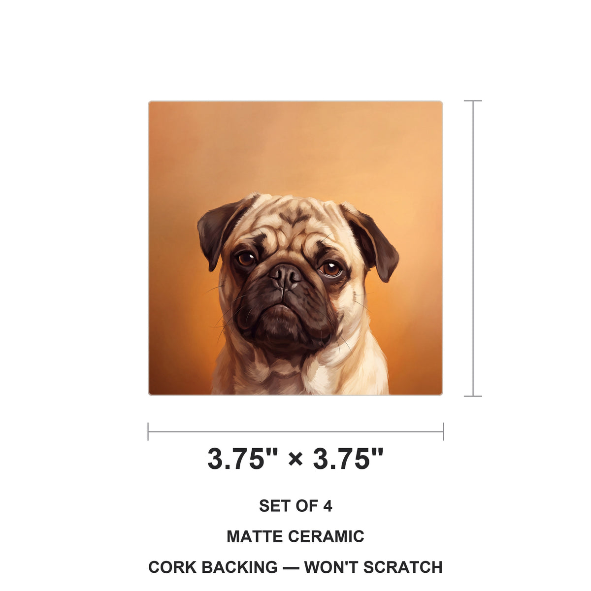 Pug Portrait ceramic coasters set of 4, size 3.75 inches