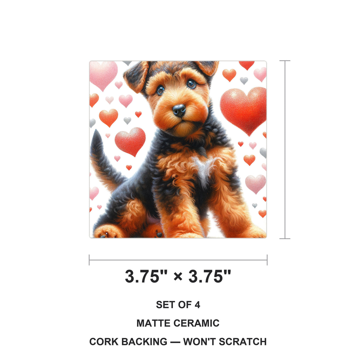 Airedale Terrier ceramic coasters set of 4, size 3.75 inches