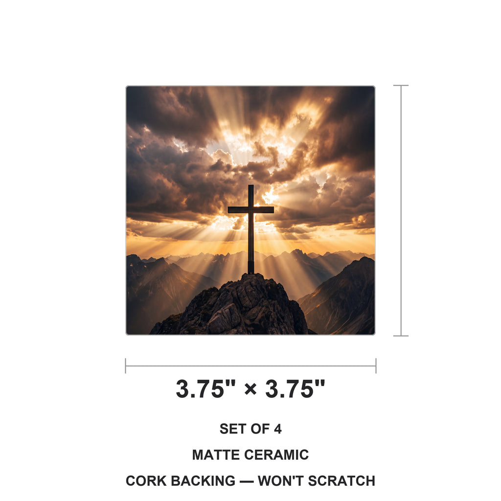 Cross On Mountains ceramic coasters set of 4, size 3.75 inches