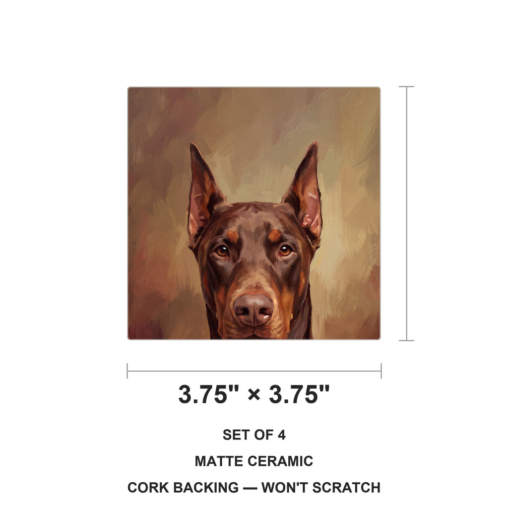 Doberman Portrait ceramic coasters set of 4, size 3.75 inches