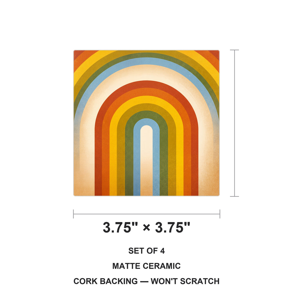 Retro Rainbow Stripes ceramic coasters set of 4, size 3.75 inches