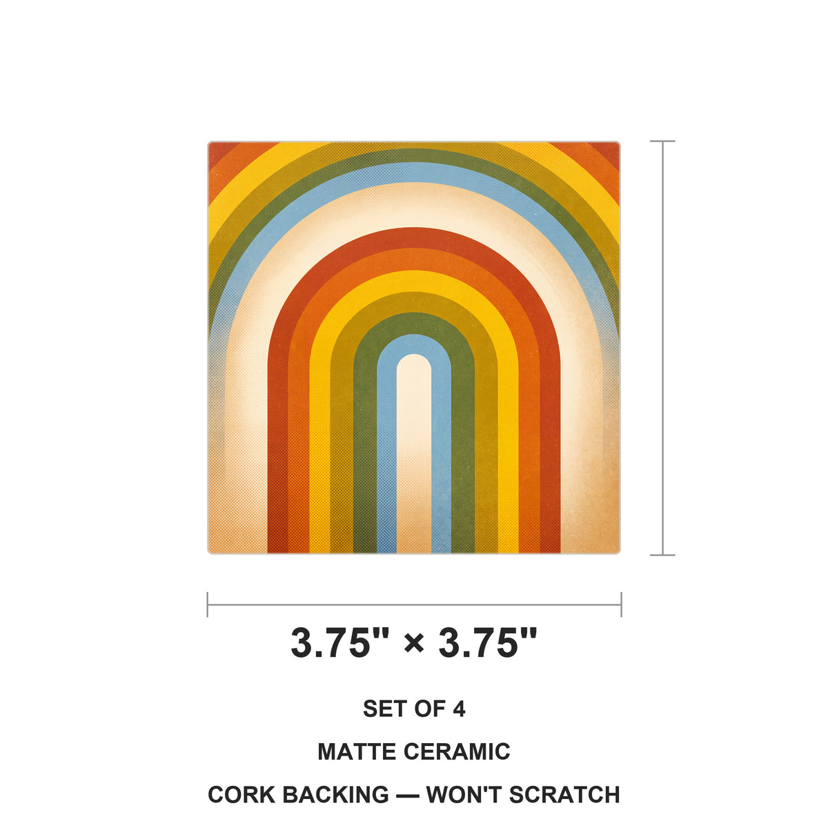 Retro Rainbow Stripes ceramic coasters set of 4, size 3.75 inches