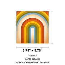 Retro Rainbow Stripes ceramic coasters set of 4, size 3.75 inches