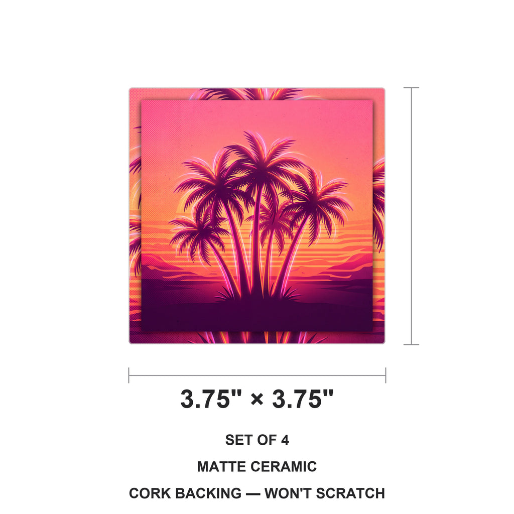 Neon Palm Sunset ceramic coasters set of 4, size 3.75 inches