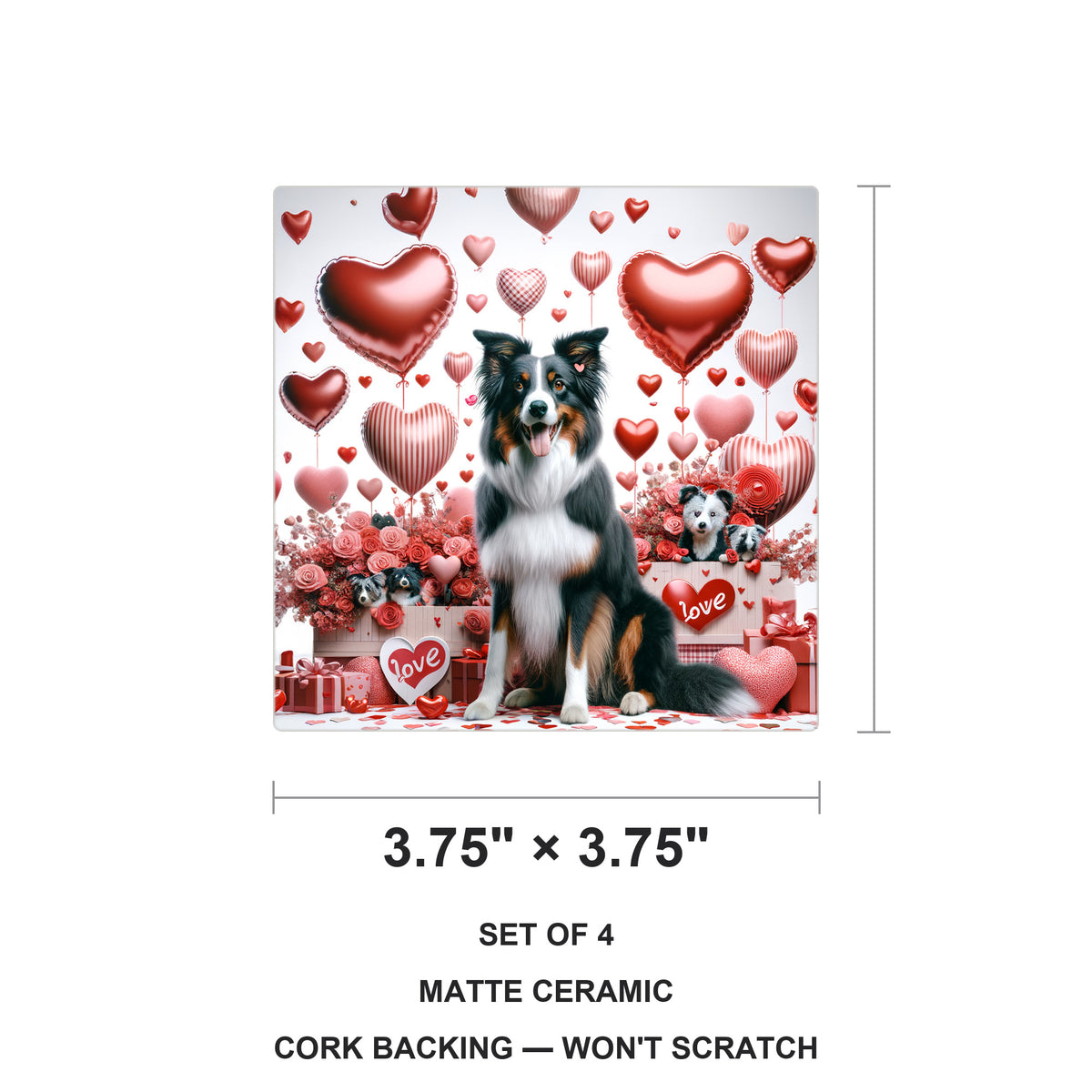 Border Collie ceramic coasters set of 4, size 3.75 inches