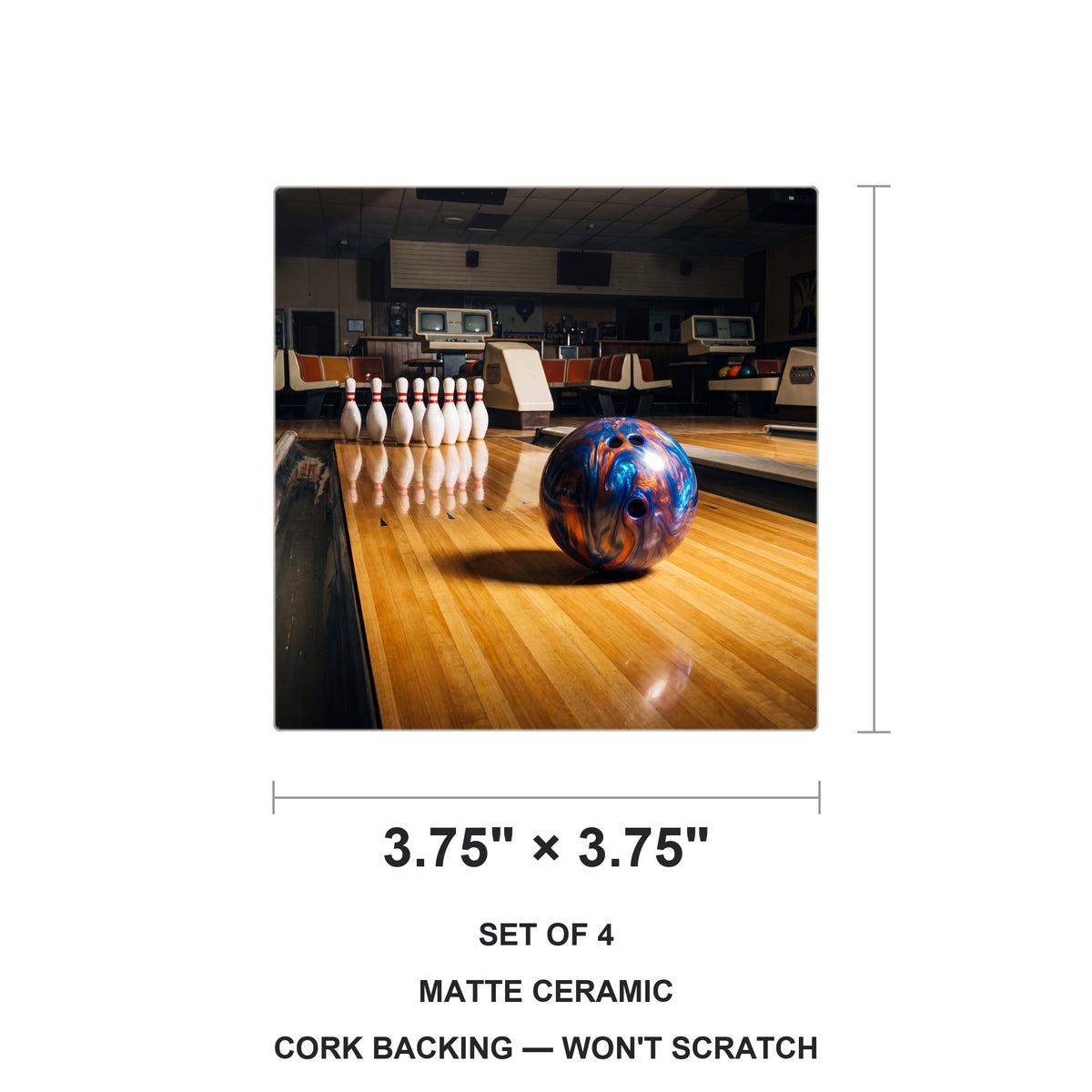 Bowling ceramic coasters set of 4, size 3.75 inches