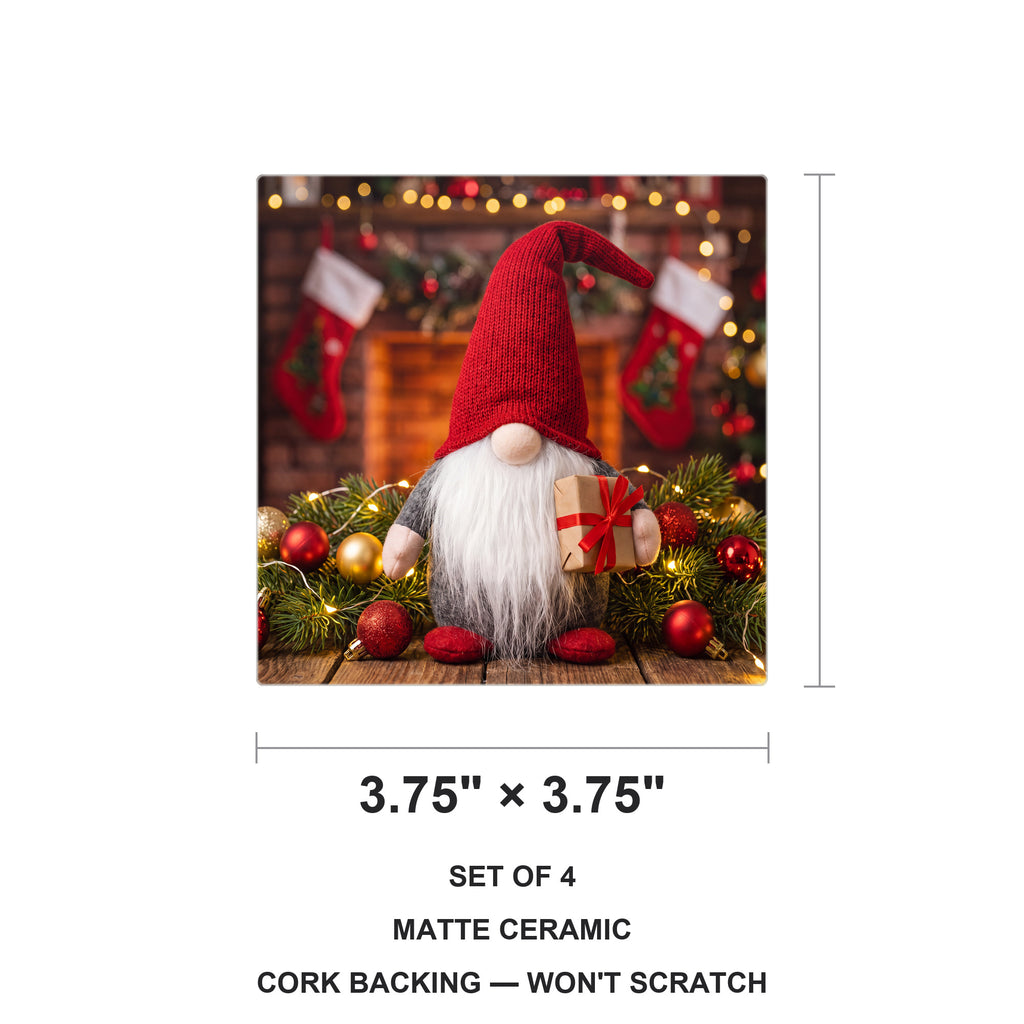 Holiday Gnome ceramic coasters set of 4, size 3.75 inches