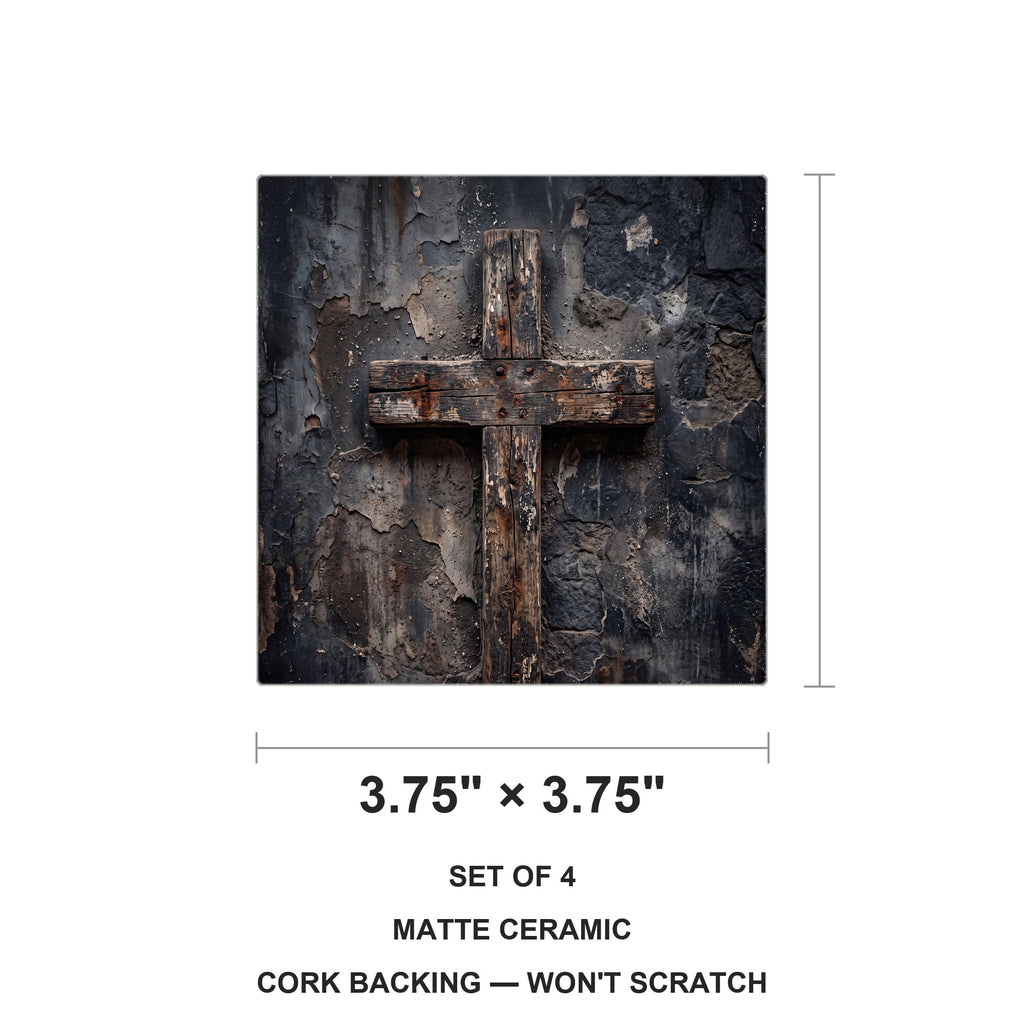 Distressed Cross ceramic coasters set of 4, size 3.75 inches