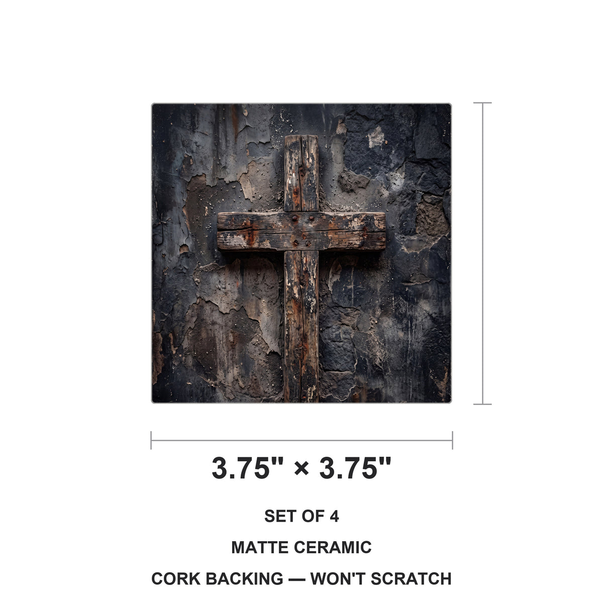 Distressed Cross ceramic coasters set of 4, size 3.75 inches