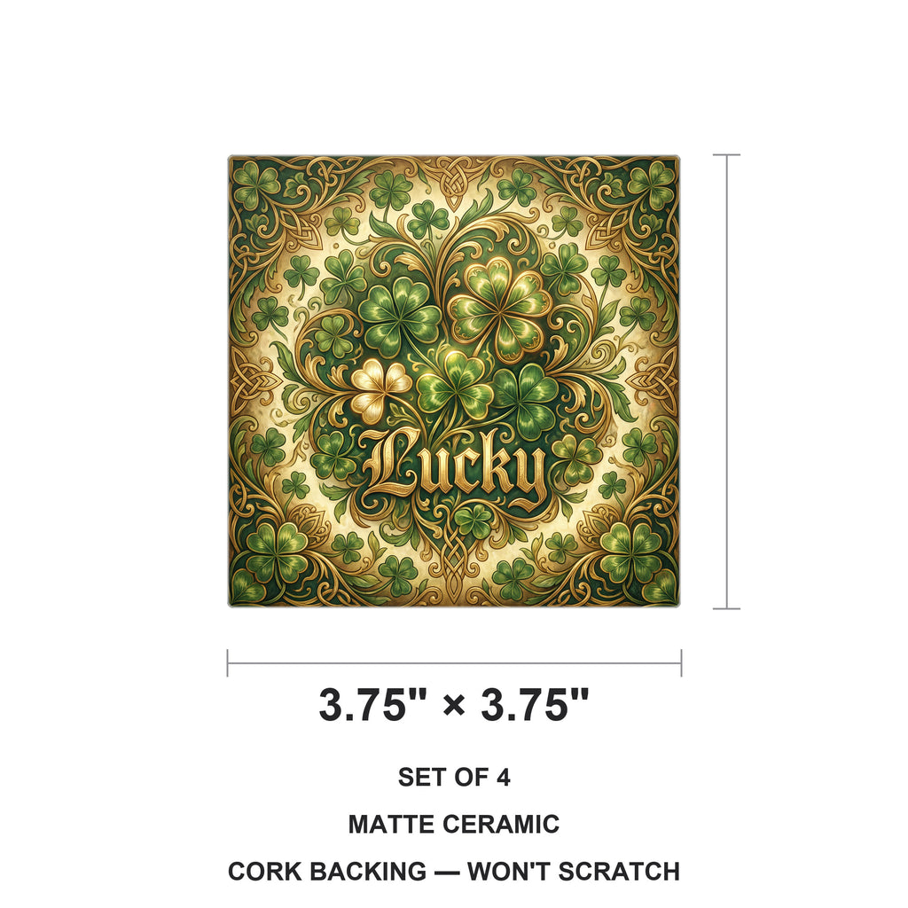 Shamrock St Patricks ceramic coasters set of 4, size 3.75 inches