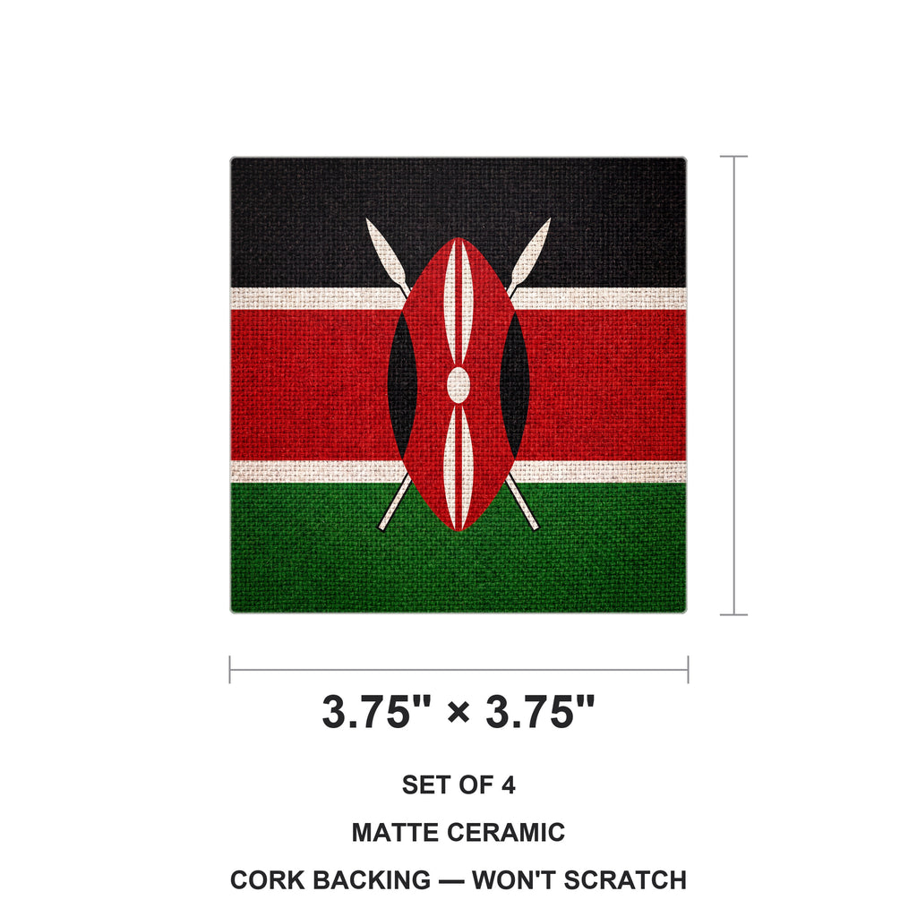 Kenya Flag Pride ceramic coasters set of 4, size 3.75 inches