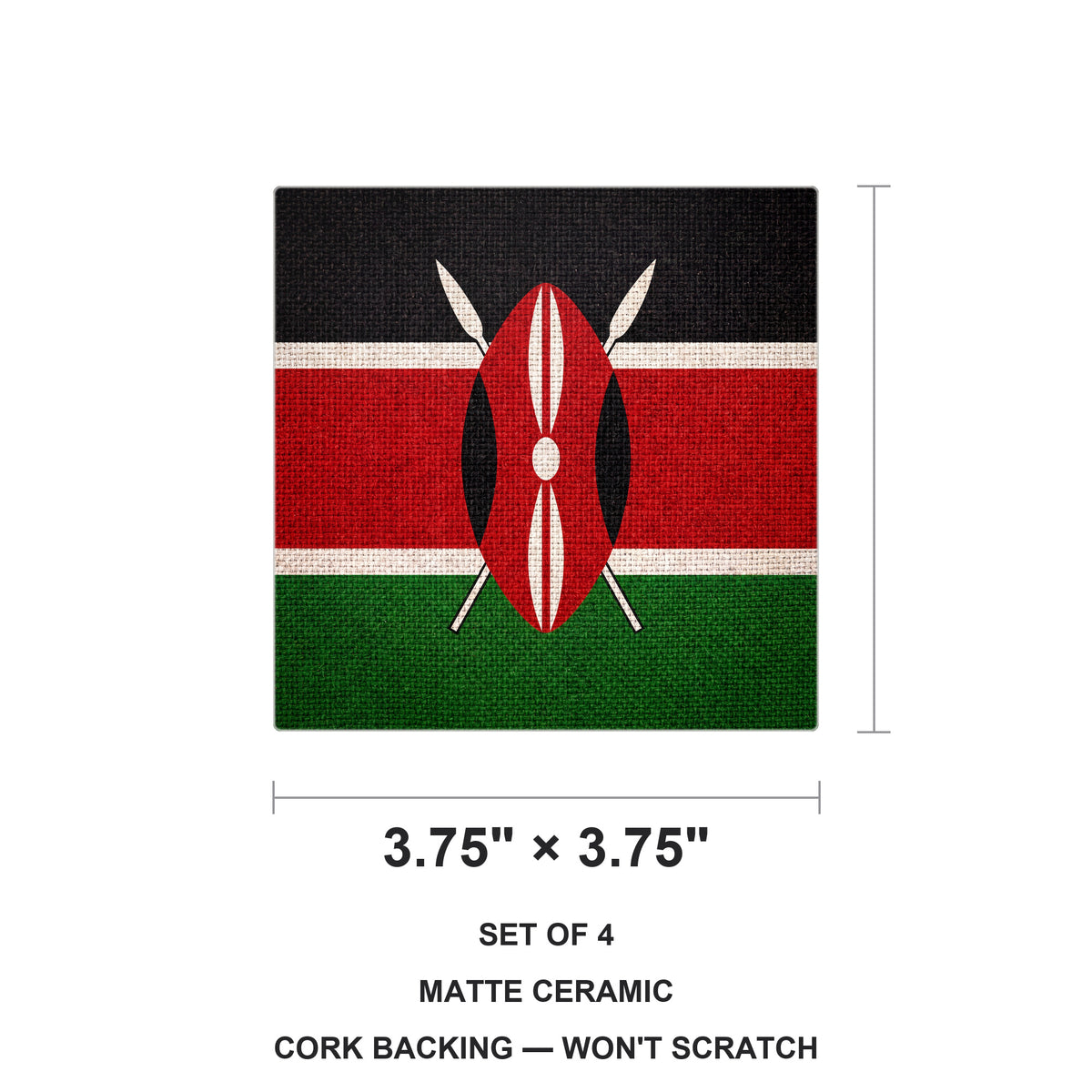 Kenya Flag Pride ceramic coasters set of 4, size 3.75 inches