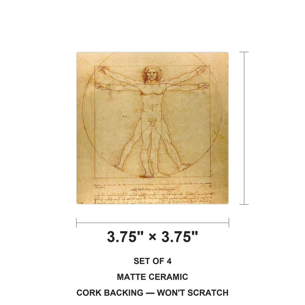 Vitruvian Man ceramic coasters set of 4, size 3.75 inches