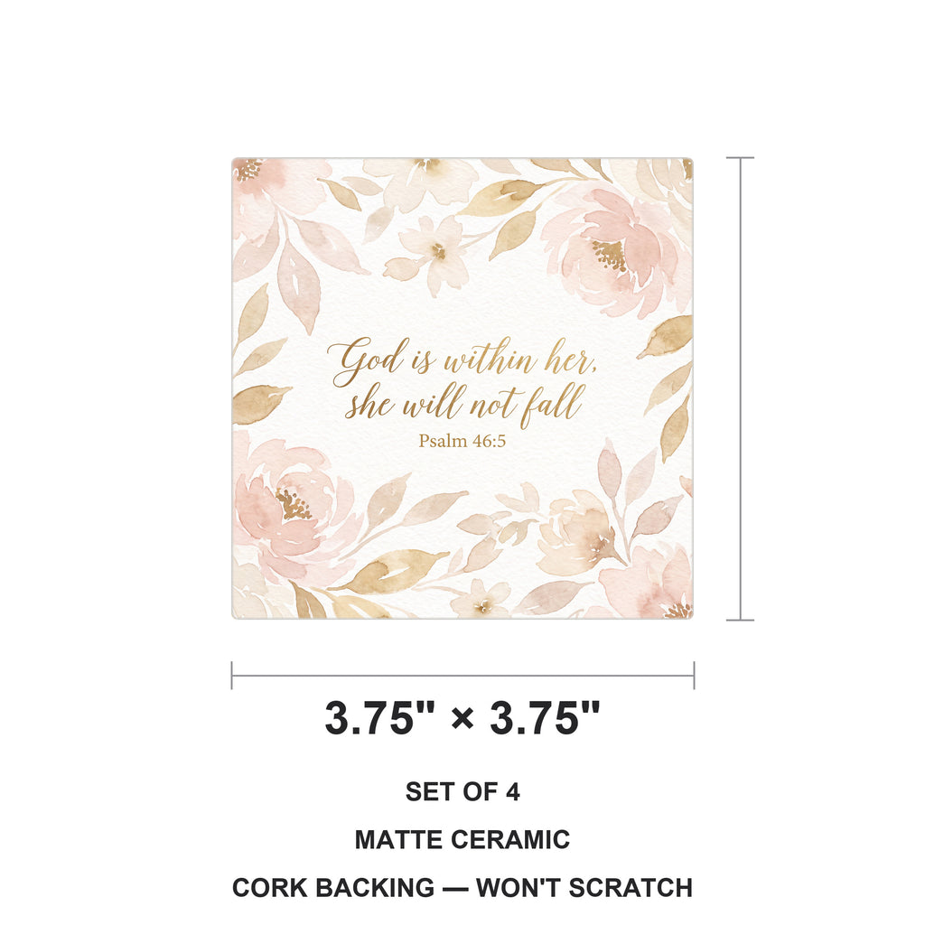 God Is Within Her ceramic coasters set of 4, size 3.75 inches