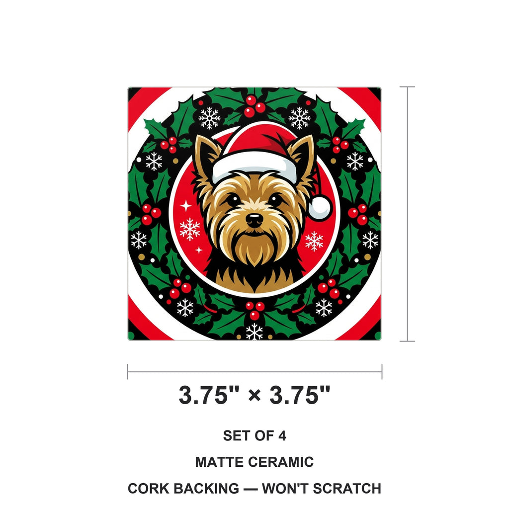 Yorkshire Terrier Christmas Ornament Art ceramic coasters set of 4, size 3.75 inches