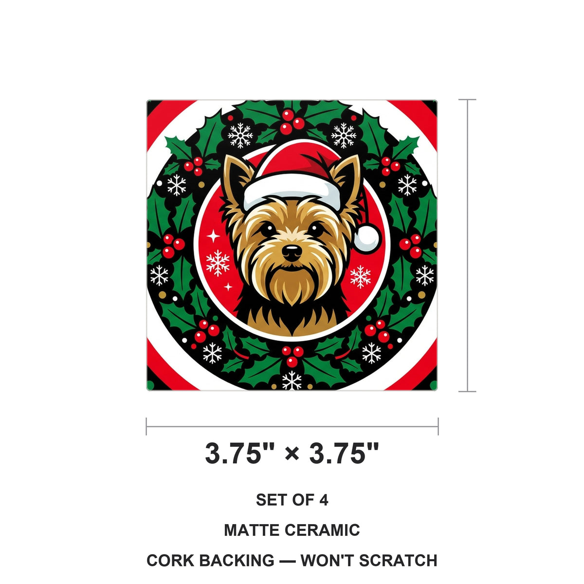 Yorkshire Terrier Christmas Ornament Art ceramic coasters set of 4, size 3.75 inches