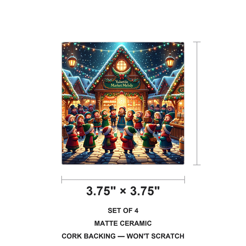Christmas Market Carolers ceramic coasters set of 4, size 3.75 inches