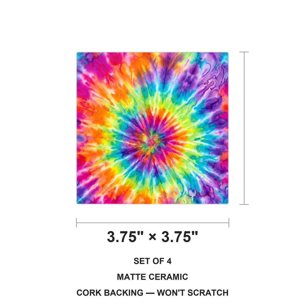 Rainbow Tie-Dye ceramic coasters set of 4, size 3.75 inches