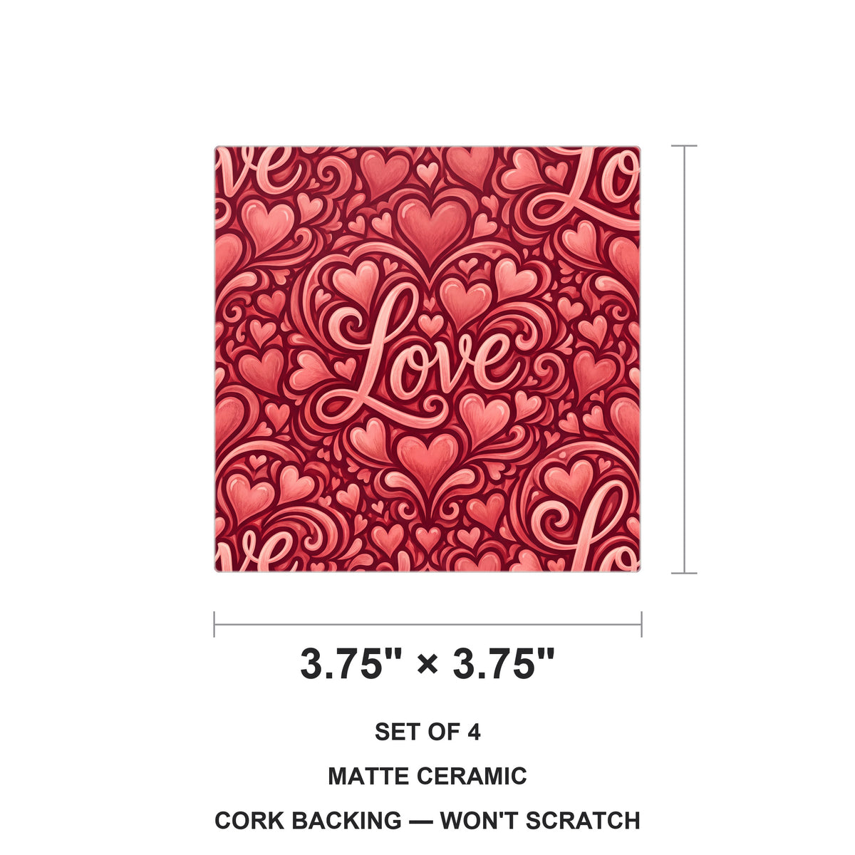 Love Script Hearts ceramic coasters set of 4, size 3.75 inches