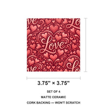 Love Script Hearts ceramic coasters set of 4, size 3.75 inches