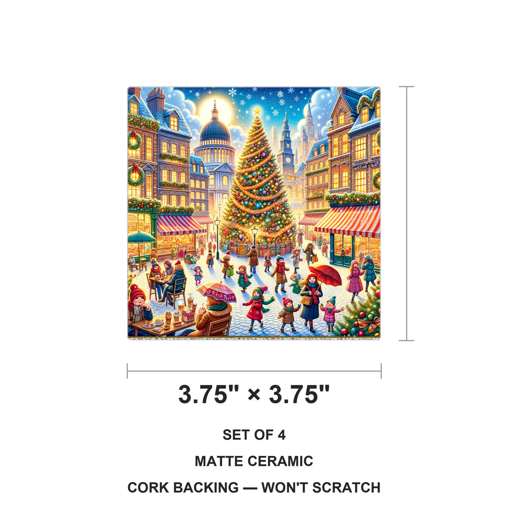 Holiday Town Square ceramic coasters set of 4, size 3.75 inches